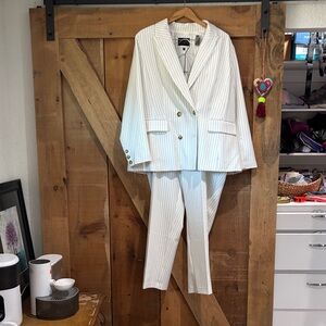 Eloquii White Blazer & Pants Set with Black Pinstripes